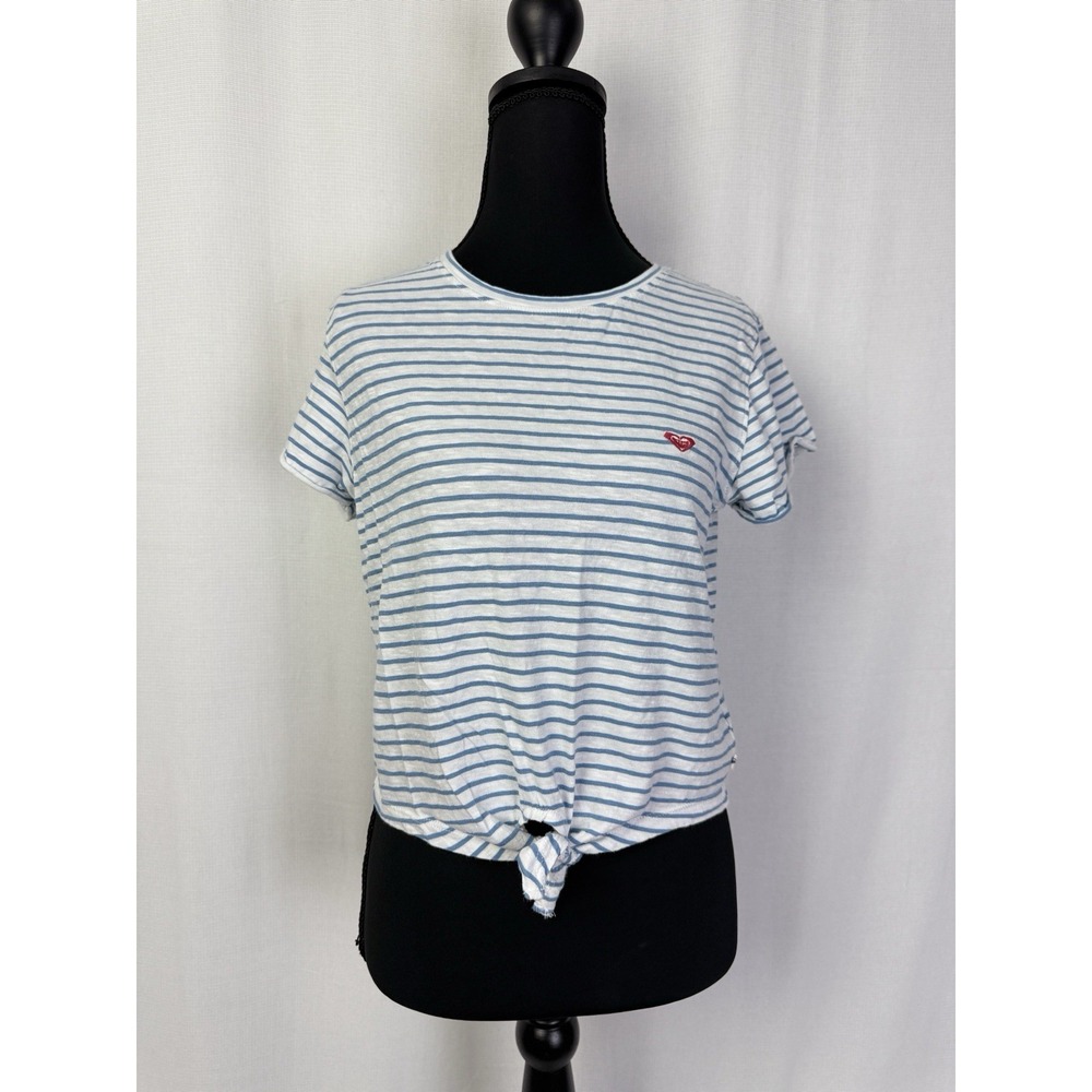 Women's Roxy SZ Small Striped Blue and White‎ T Shirt w/tie in front
